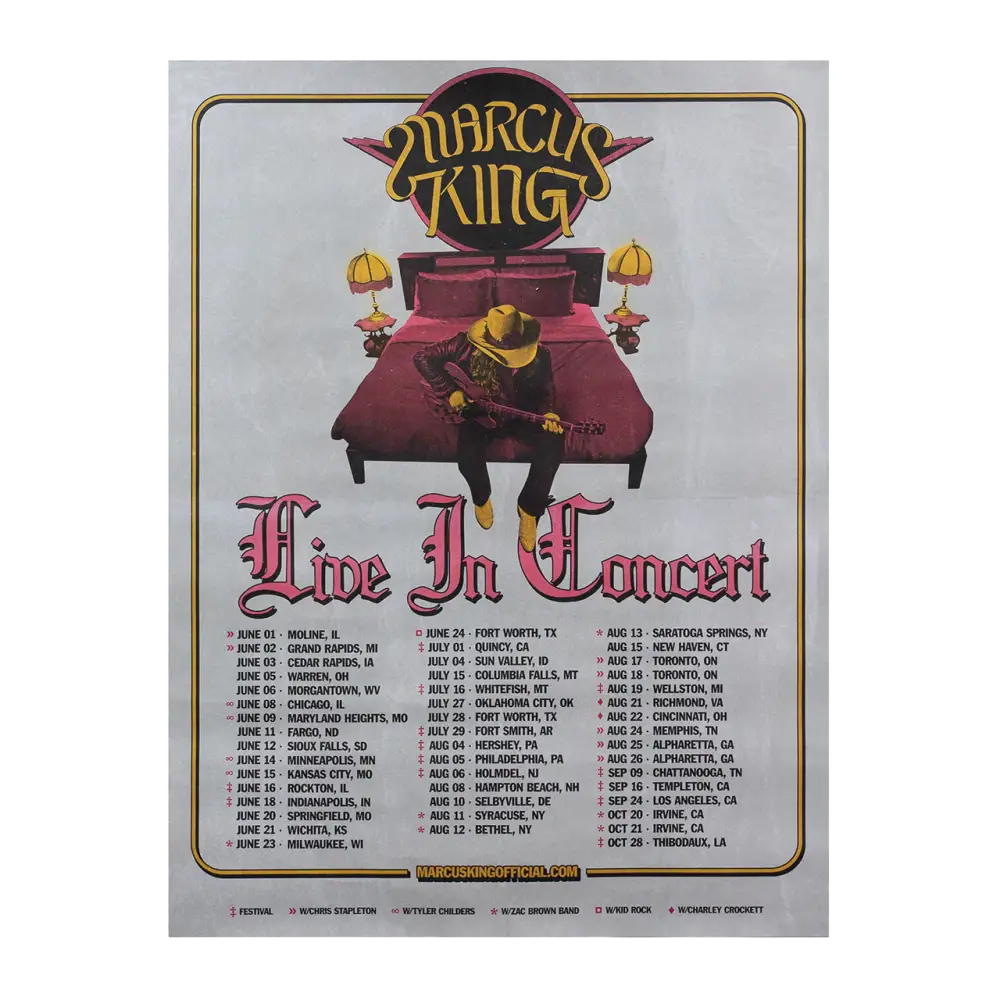 Concert tour poster for Marcus King featuring tour dates and a stylized image of a bed with a guitar.