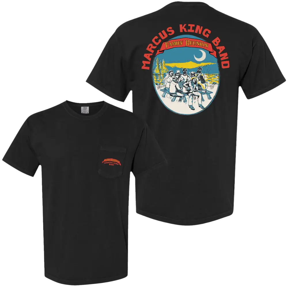 Black short-sleeved t-shirt featuring a colorful ’marcus king band’ graphic on the back with a family reunion scene and matching red logo on the front pocket.