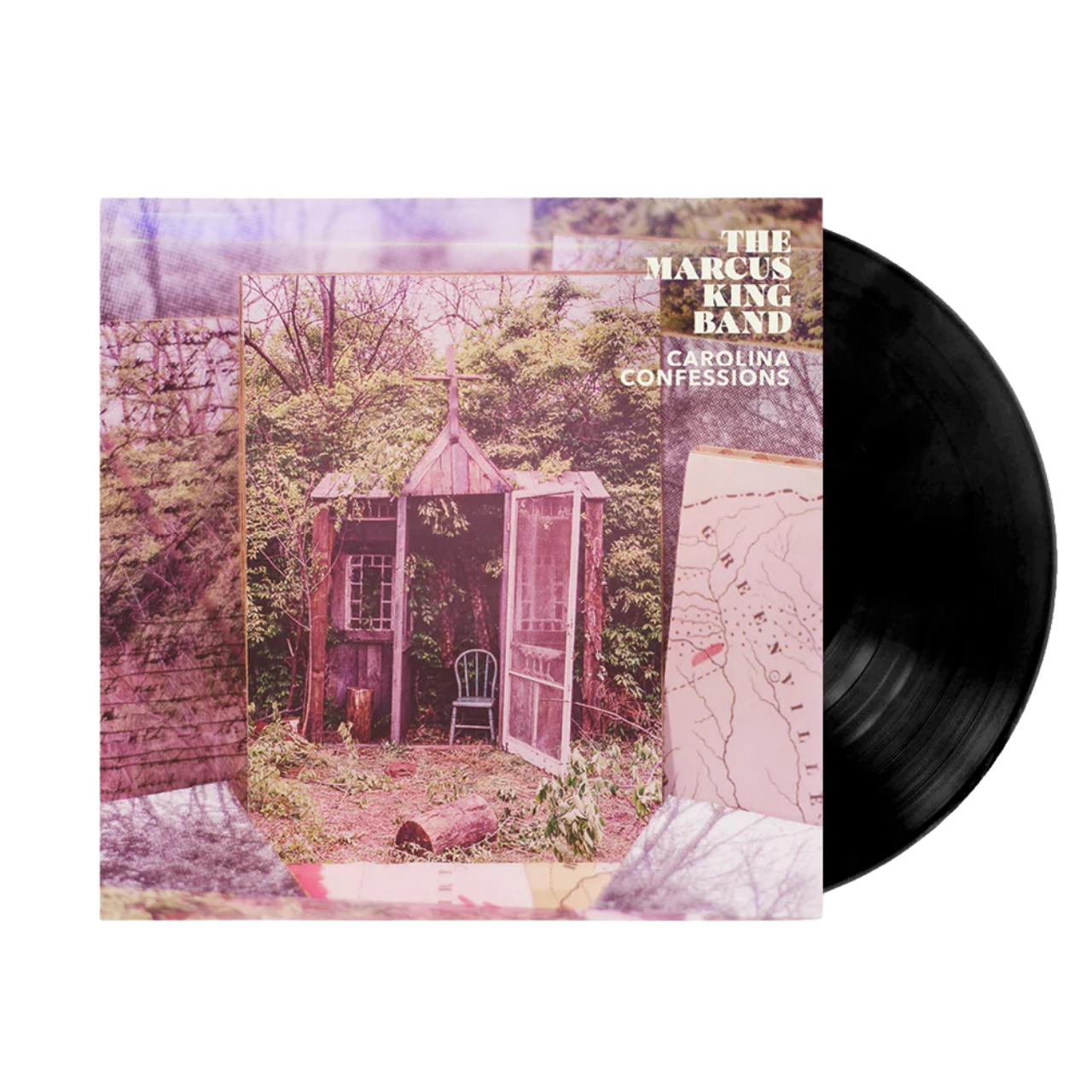 Vinyl record with a cover featuring a small cabin in the woods and 'The Marcus King Band Carolina Confessions' text.