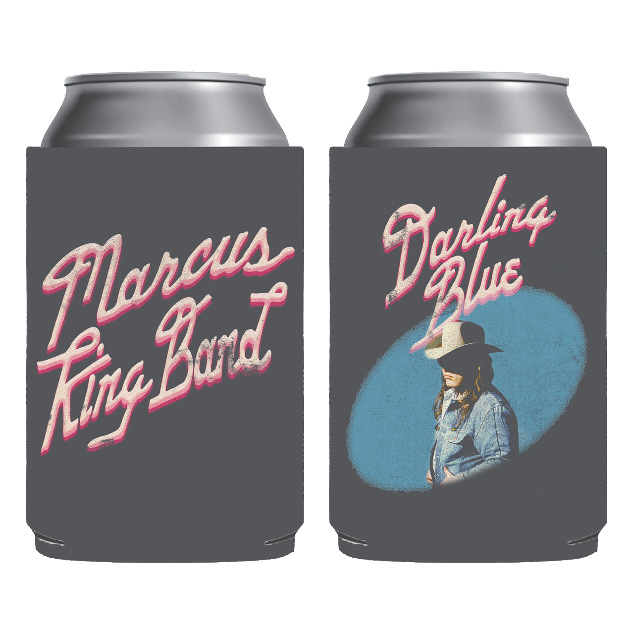 Two can coolers with 'Marcus King Band' branding and a portrait of a person wearing a hat.