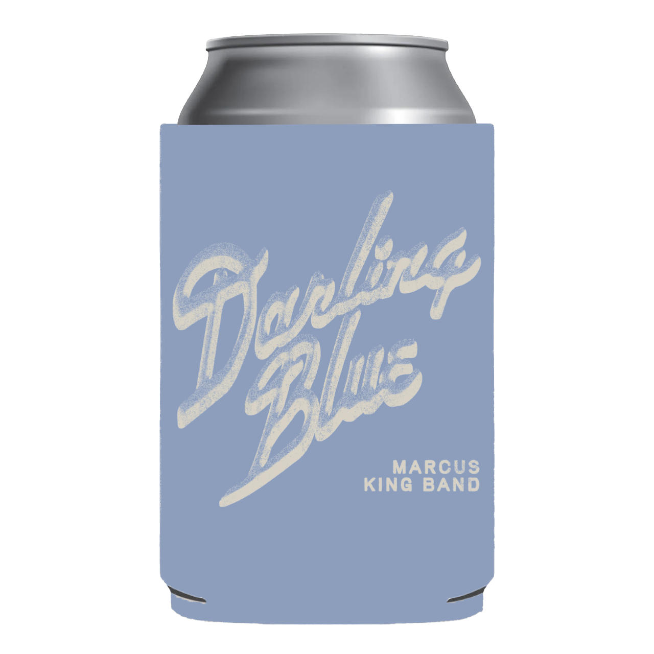 Blue can cooler with 'Darling Blue' and 'Marcus King Band' text on a white background
