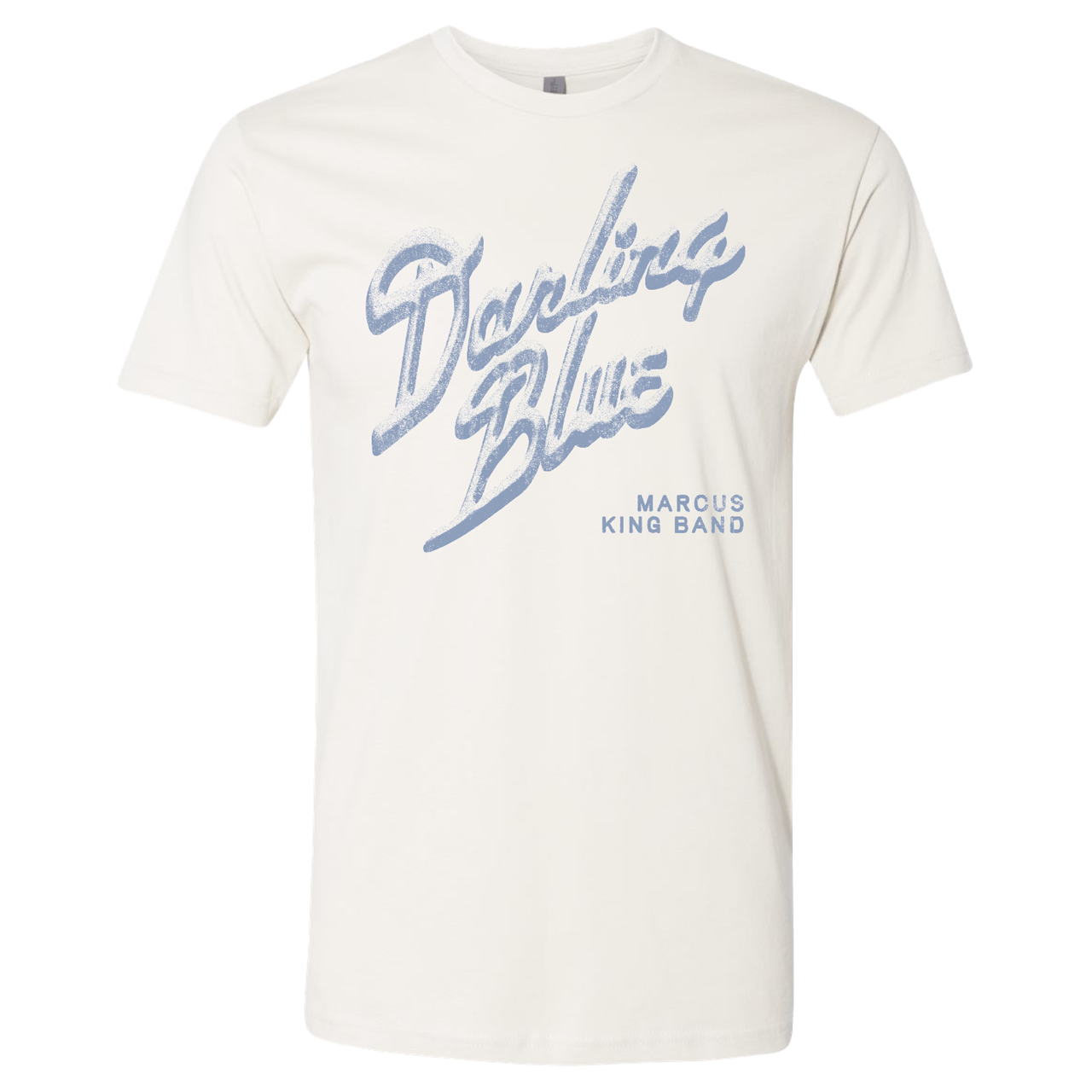 White t-shirt with blue text 'Darling Blues' on a white background
