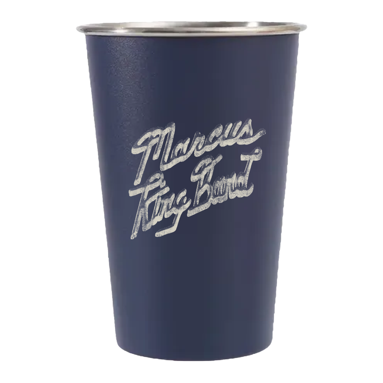 Navy blue cup with white text on a white background