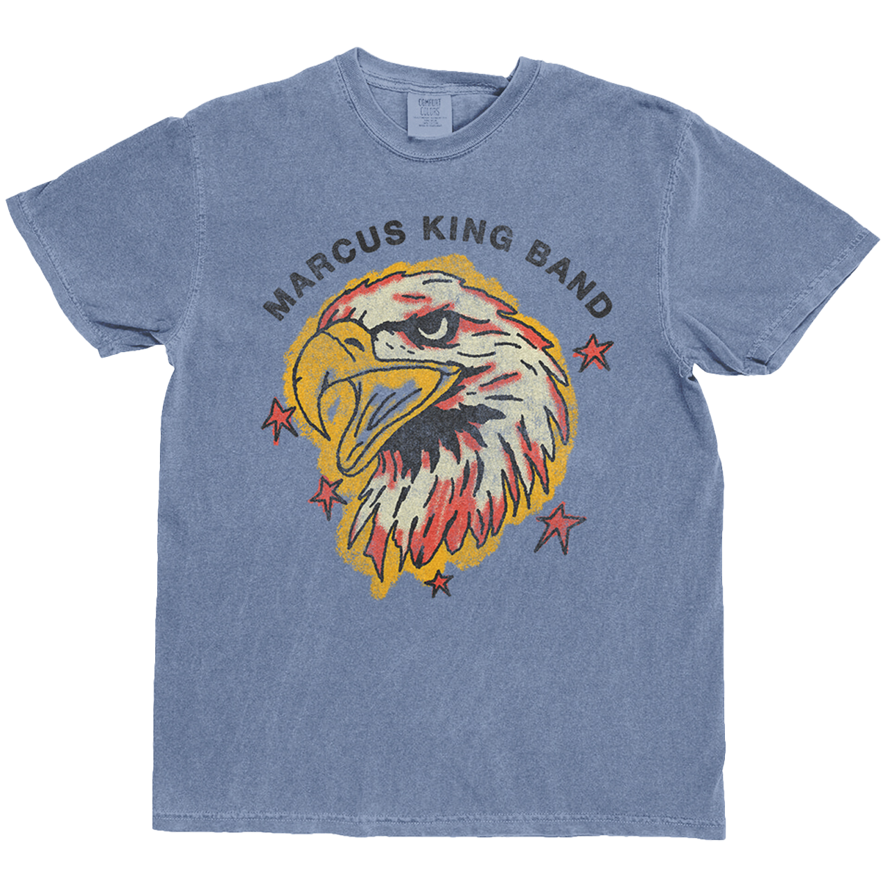 Blue t-shirt with an eagle graphic and 'Marcus King Band' text on a white background