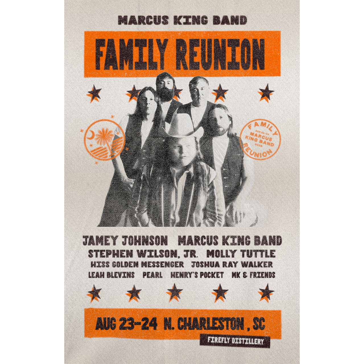 Promotional poster for the Marcus King Band Family Reunion event featuring band members and event details.