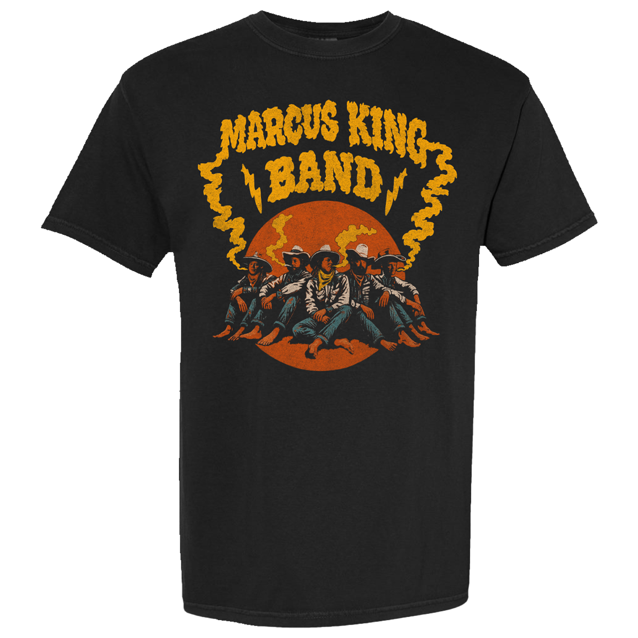 Black t-shirt with 'Marcus King Band' graphic design on a white background
