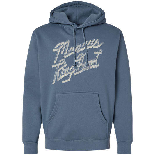 Blue hoodie with white text on a white background