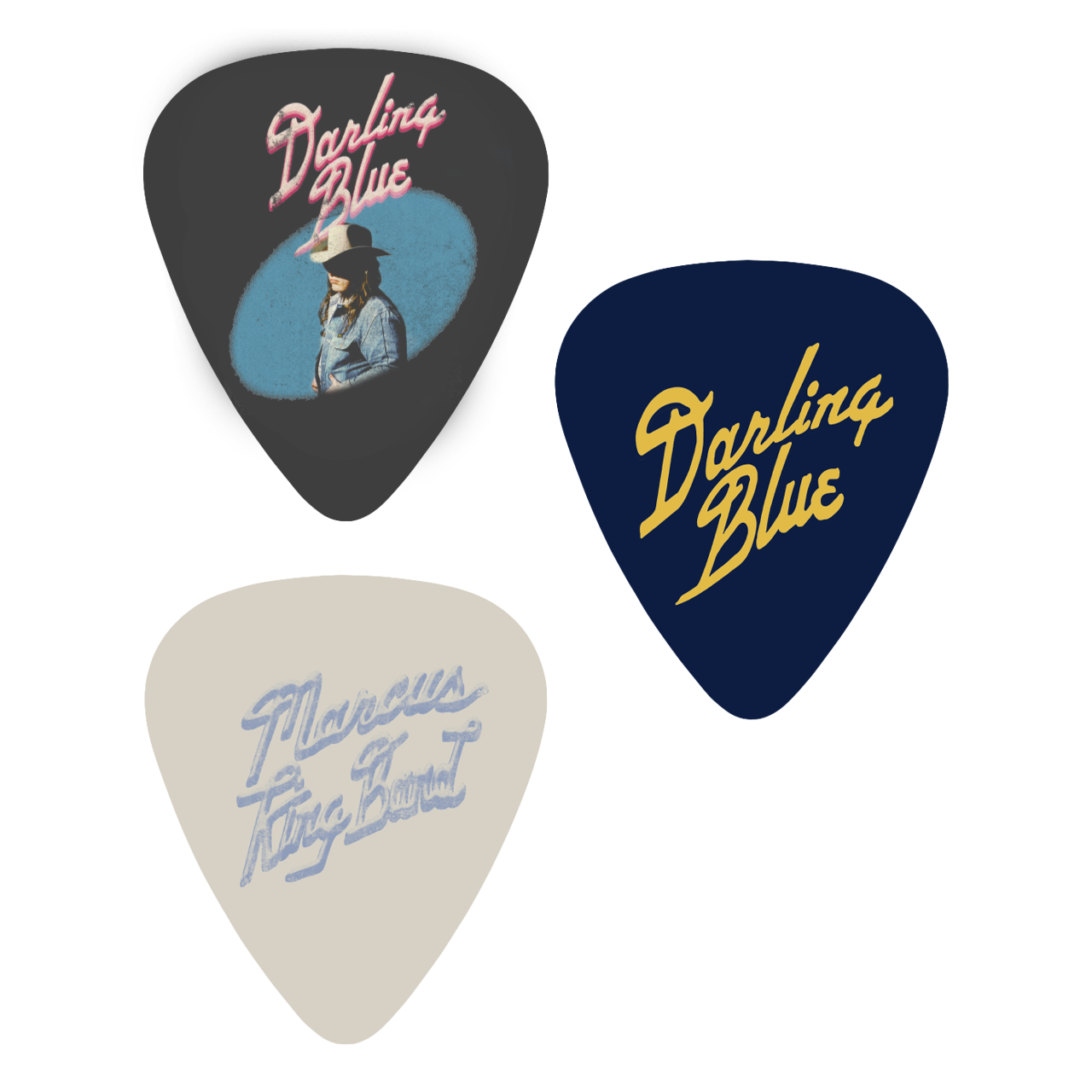 Three guitar picks with 'Darling Blue' branding on a white background