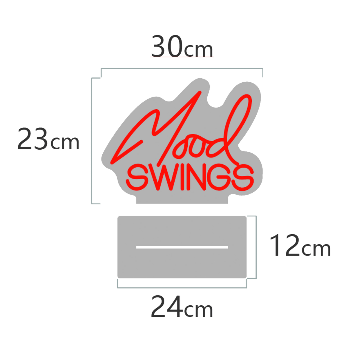 Stylized logo or sign reading ’Mood SWINGS’ with dimensions labeled around it.