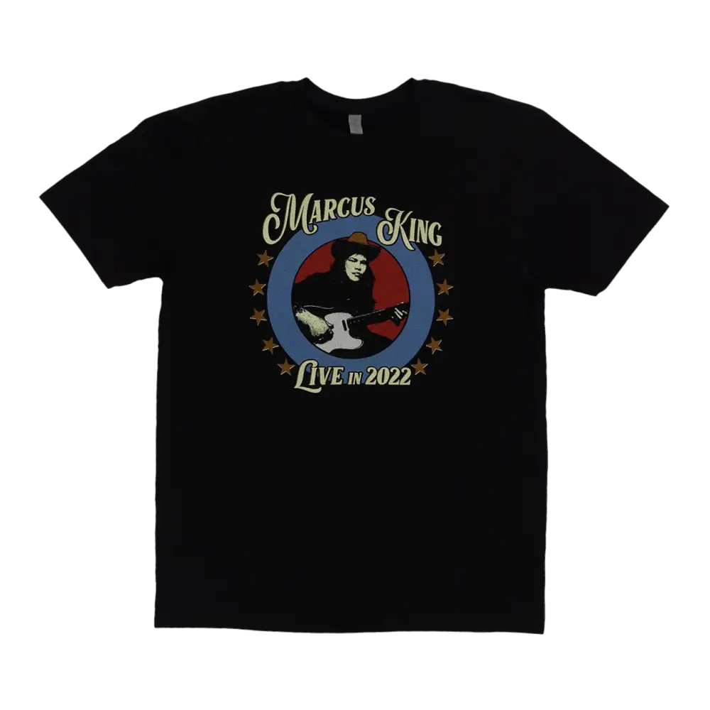 Black t-shirt featuring a circular graphic design with text ’Marcus King Live in 2022’’ and an illustration of a guitarist.