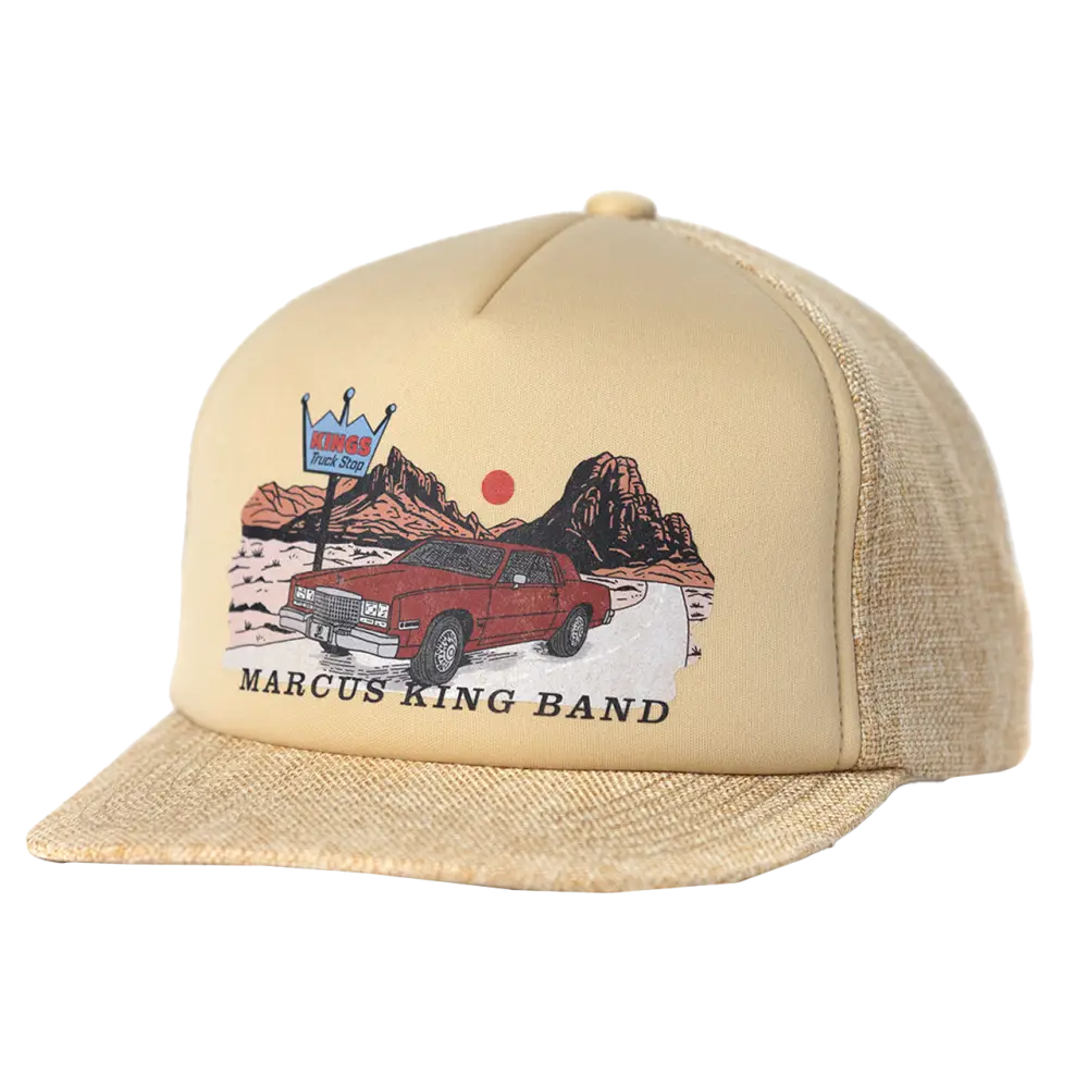 Tan trucker hat with desert scene.