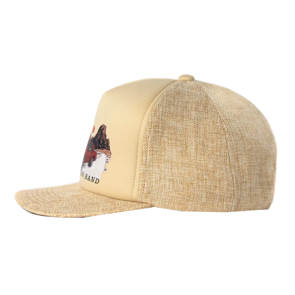 Tan trucker hat.