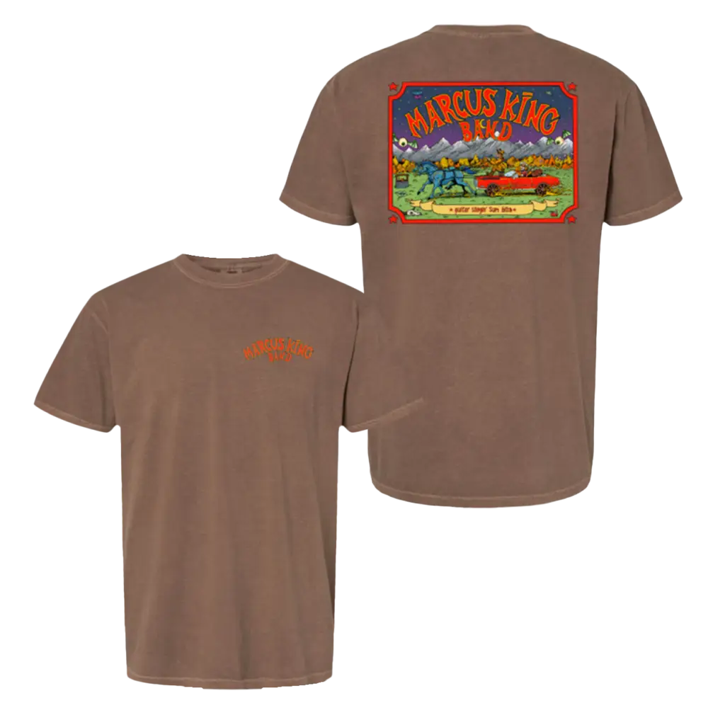 Brown t-shirt with graphic designs.
