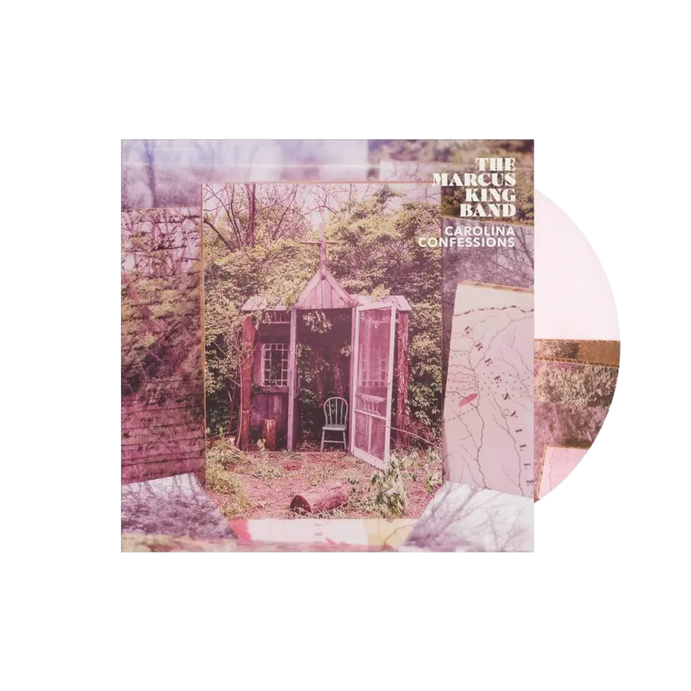 The marcus king band’s “carolina confessions” vinyl record, featuring a distressed pink-toned album cover with an image of a rustic wooden shed and chair.