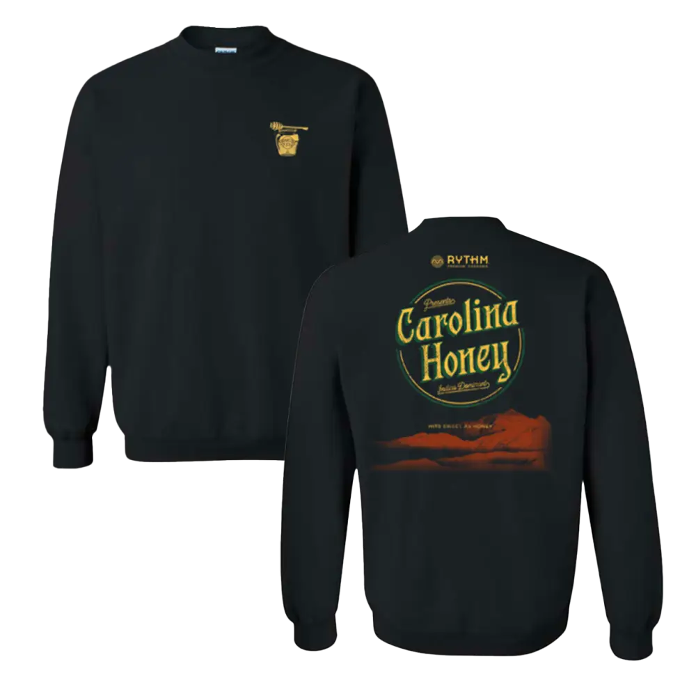 Black sweatshirt with ’Carolina Honey’ design on the back and a small logo on the front.