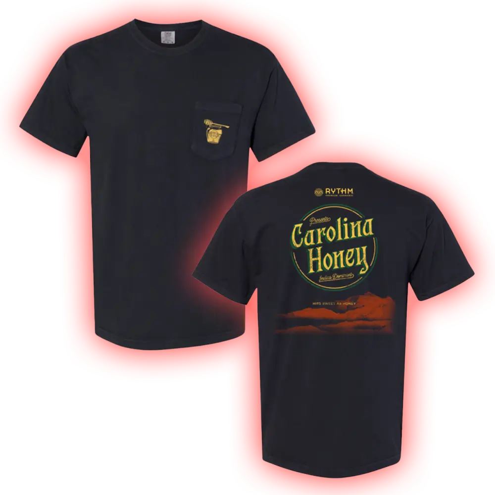 Black t-shirt with ’Carolina Honey’ design on the back and a small logo on the front pocket area.