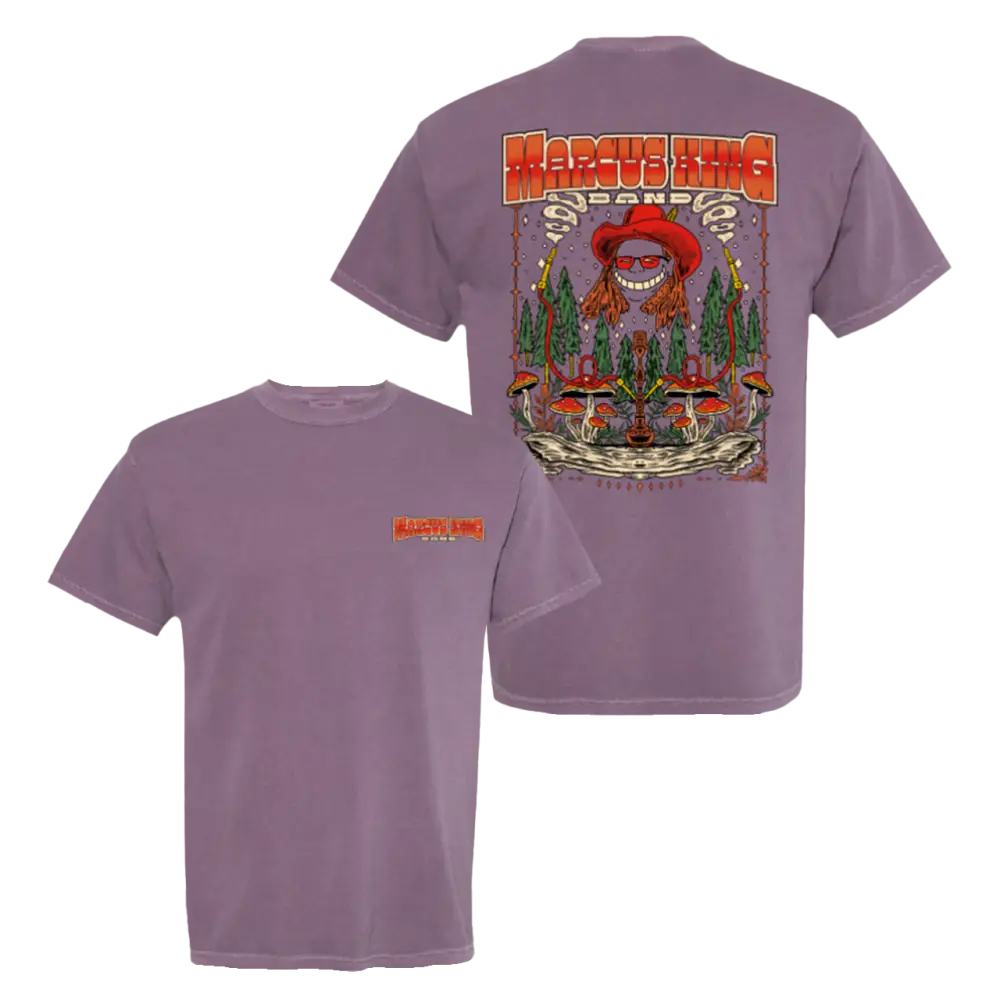 Lavender t-shirt with graphic designs.