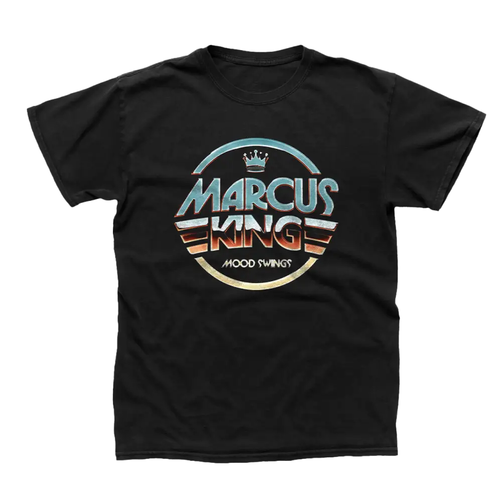 Black t-shirt with a colorful retro-style ’Marcus King’ logo design on the front.