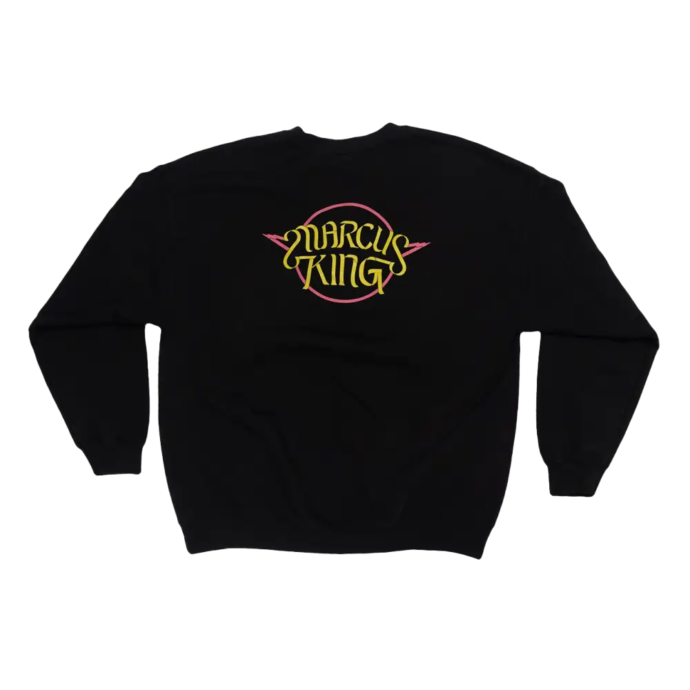 Black sweatshirt with colorful ’Marcus King’ logo on the front.
