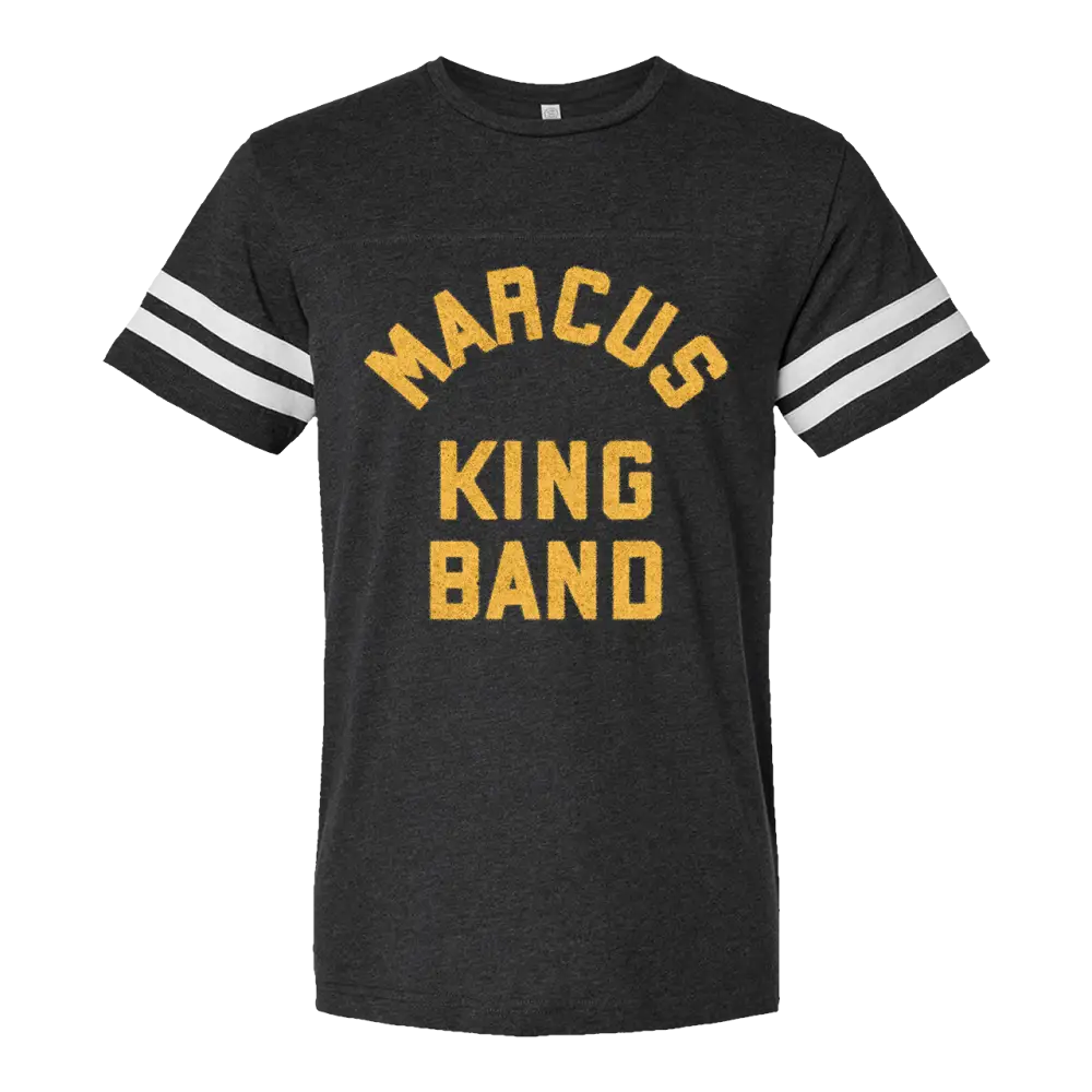 Black t-shirt with white stripes on sleeves.