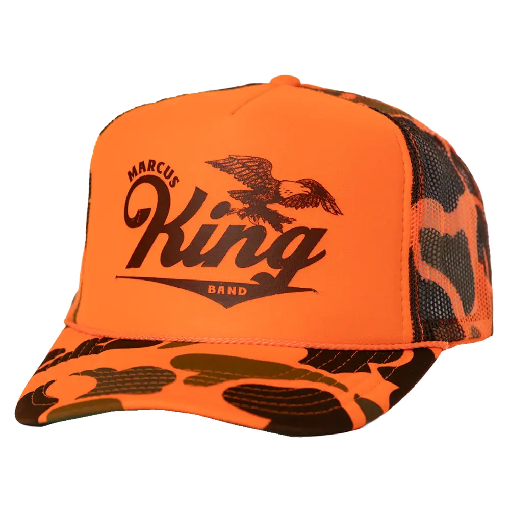 Orange and camouflage trucker hat.