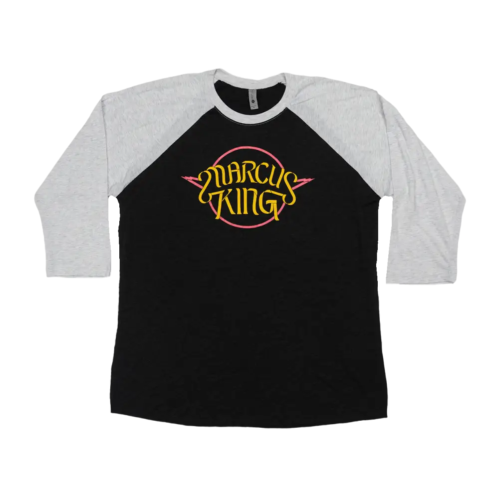 Black and white baseball-style t-shirt with colorful ’Marcus King’ logo on the front.