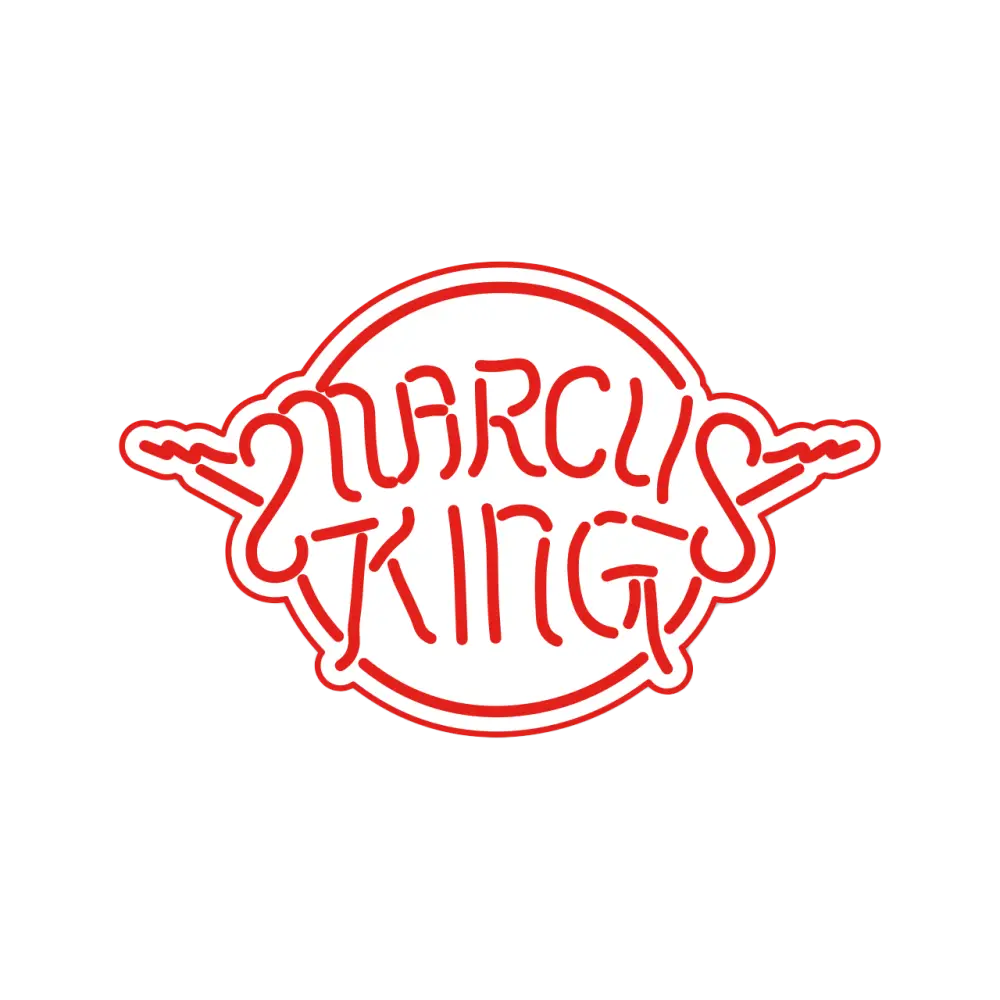 Red and white ’Marcus King’ logo.