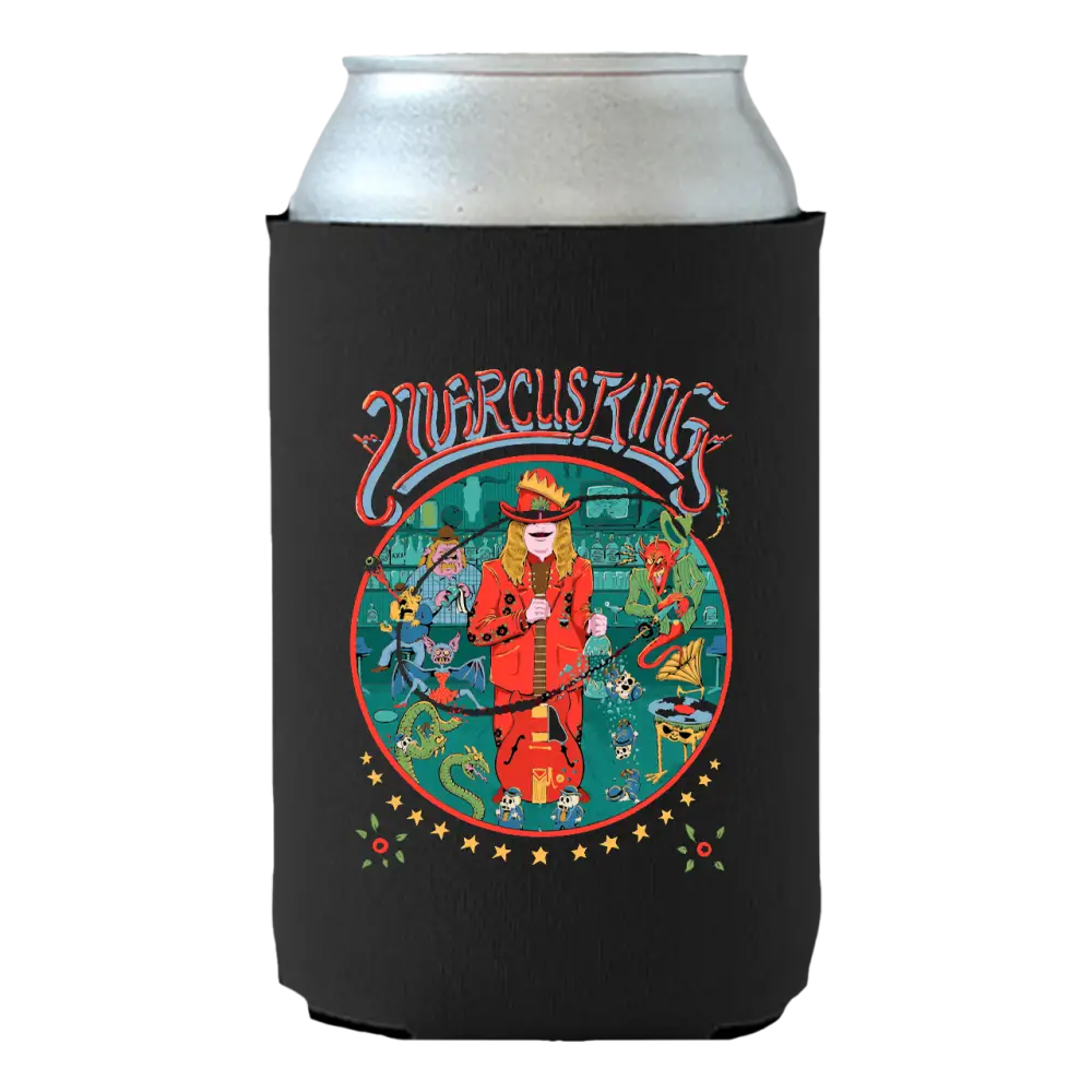 Black can cooler with colorful illustration.