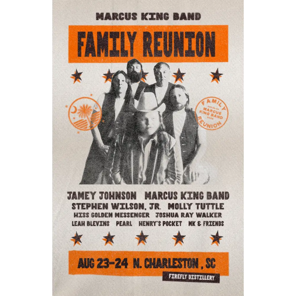 Promotional poster for the Marcus King Band Family Reunion event featuring band members and event details.