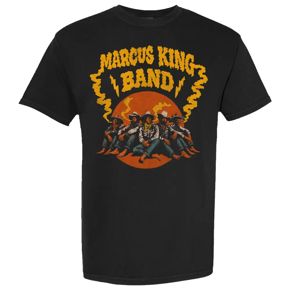 Black t-shirt with 'Marcus King Band' graphic design on a white background
