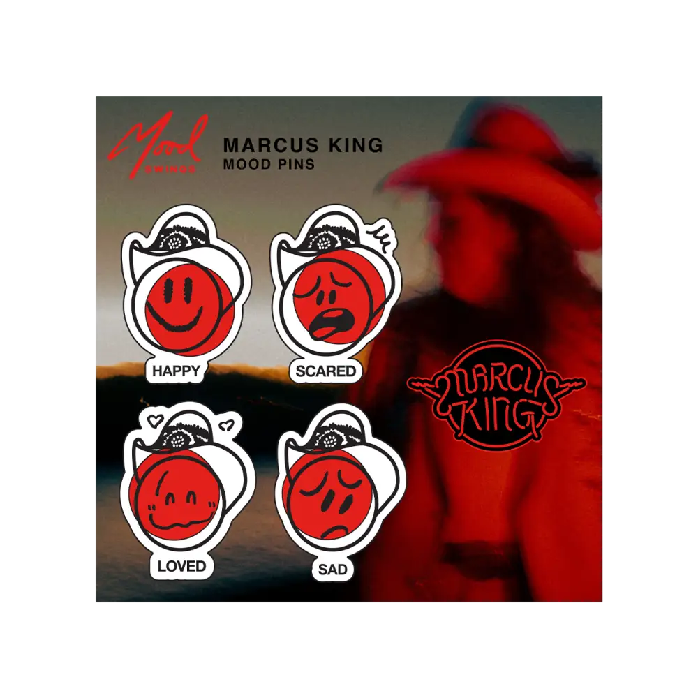 Set of four mood pins featuring cartoon faces with different expressions labeled ’Happy,’ ’Scared,’ ’Loved,’ and ’Sad.’