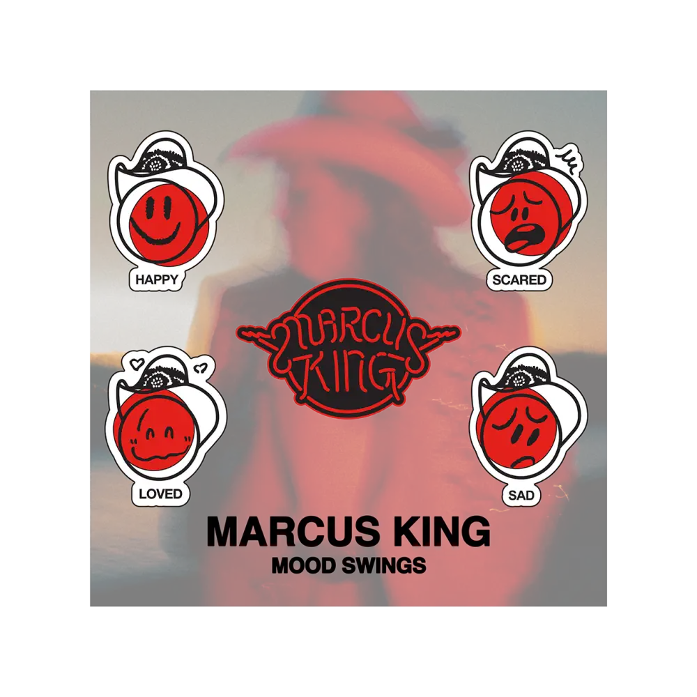 Album cover featuring red circular emoticons representing different moods.