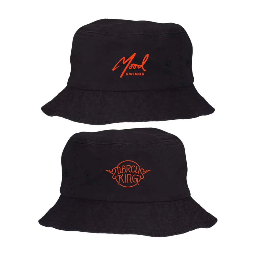 Two black bucket hats with different logo designs embroidered on the front.