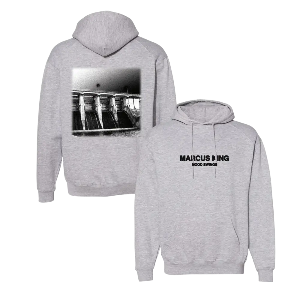 Gray hooded sweatshirt with a black and white image on the back and text on the front.
