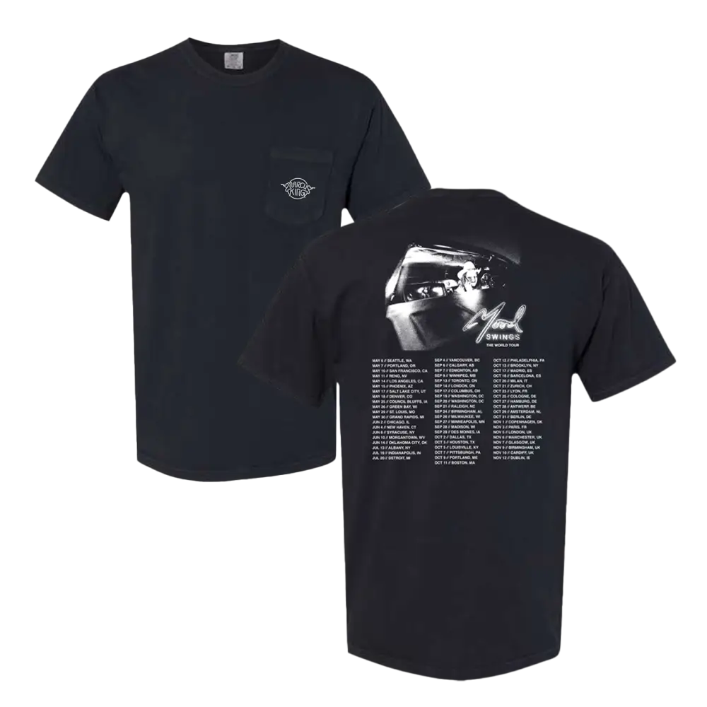 Black t-shirt with front and back designs featuring a tour schedule and artistic image.