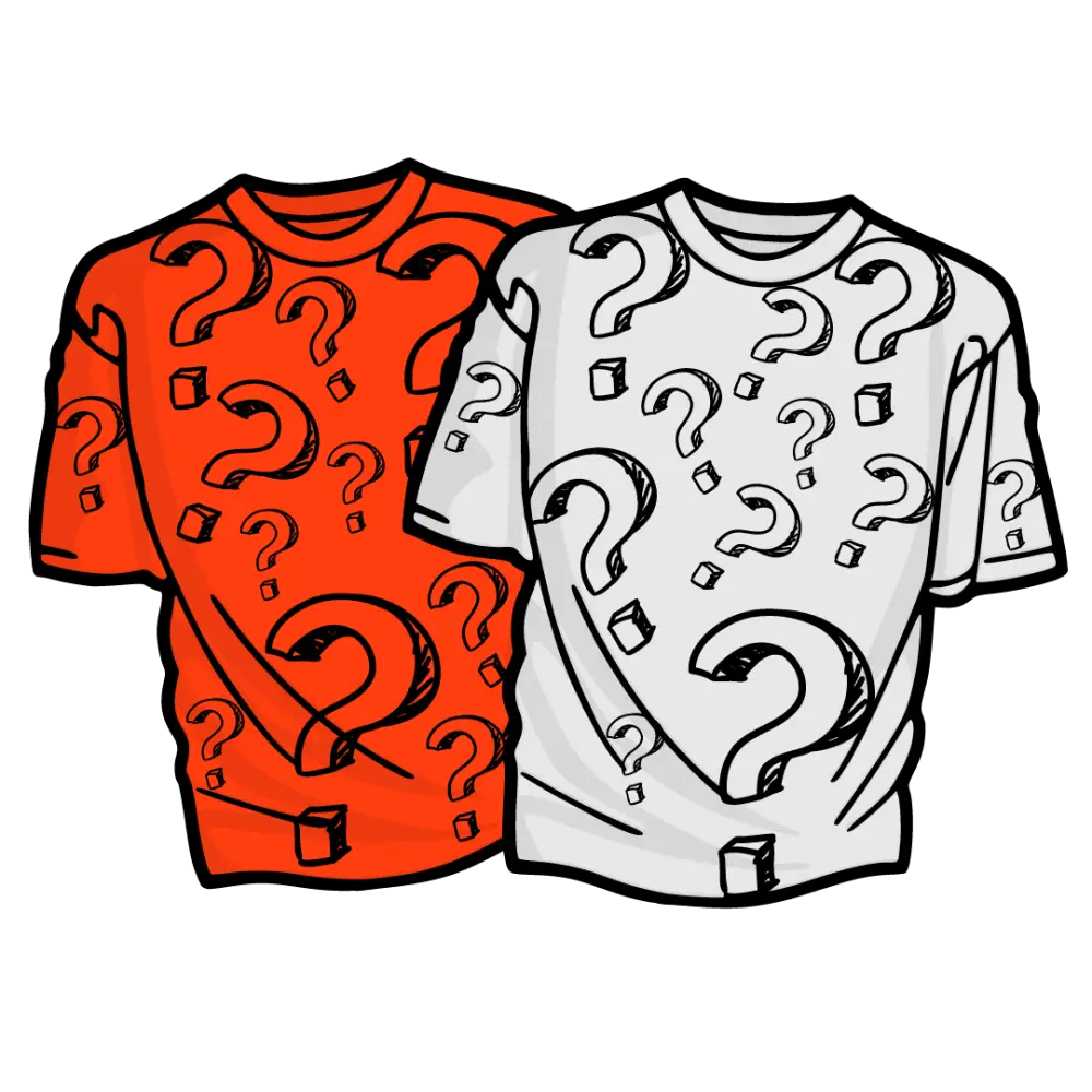 Two T-shirts with question marks.