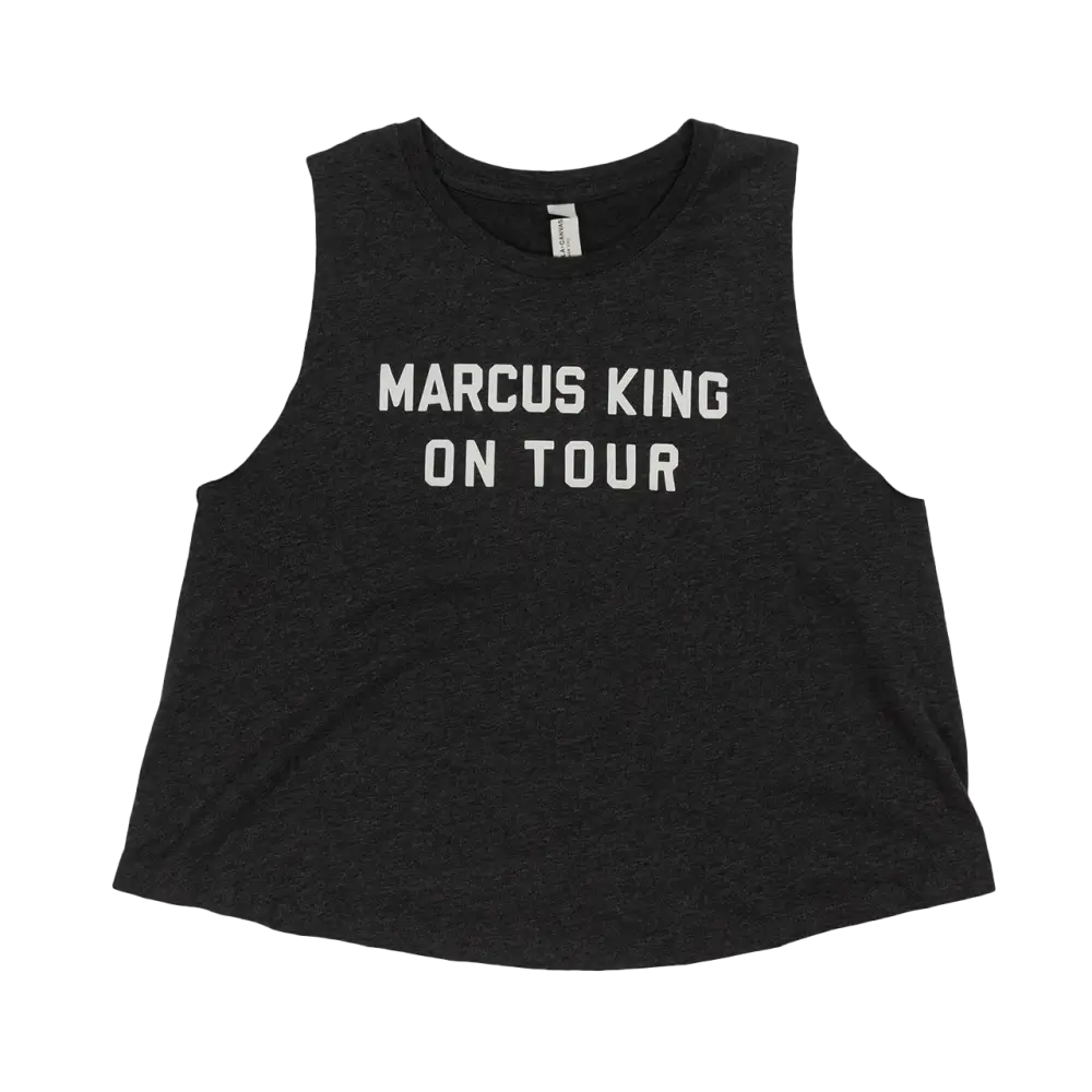 Black sleeveless crop top with ’MARCUS KING ON TOUR’ printed in white text.