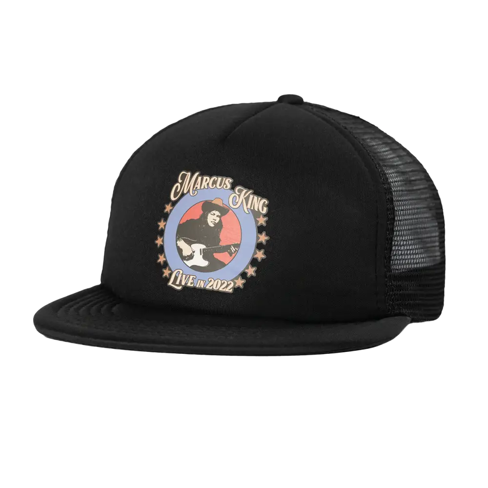 Black trucker hat with a colorful circular logo featuring a guitar player and the text ’Marcus King Live 2022’’.