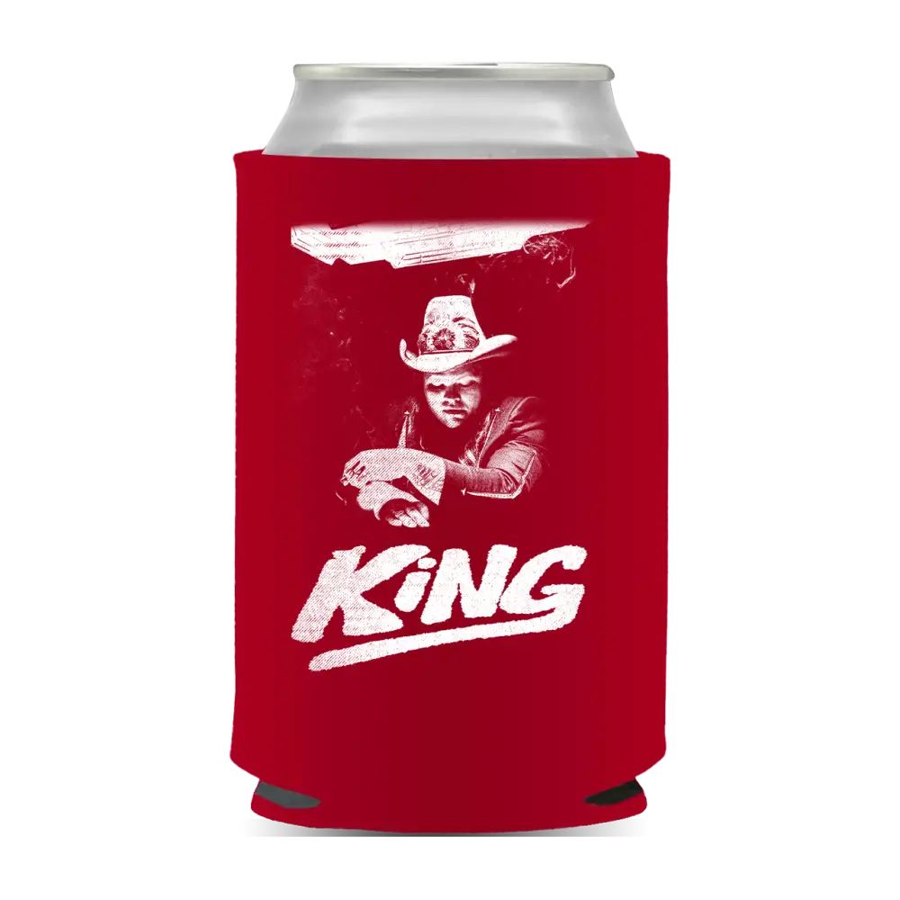 Red can cooler with a cowboy image.