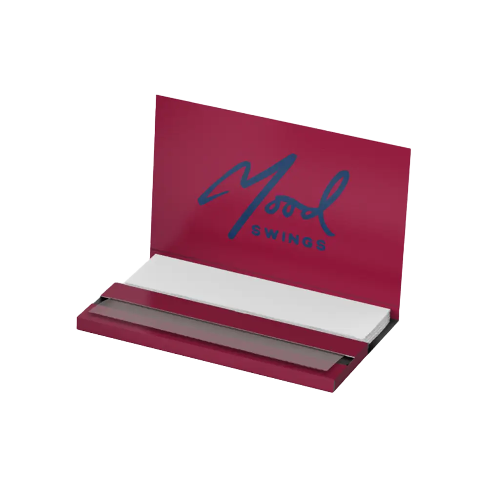 Burgundy business card holder with a signature on the cover.