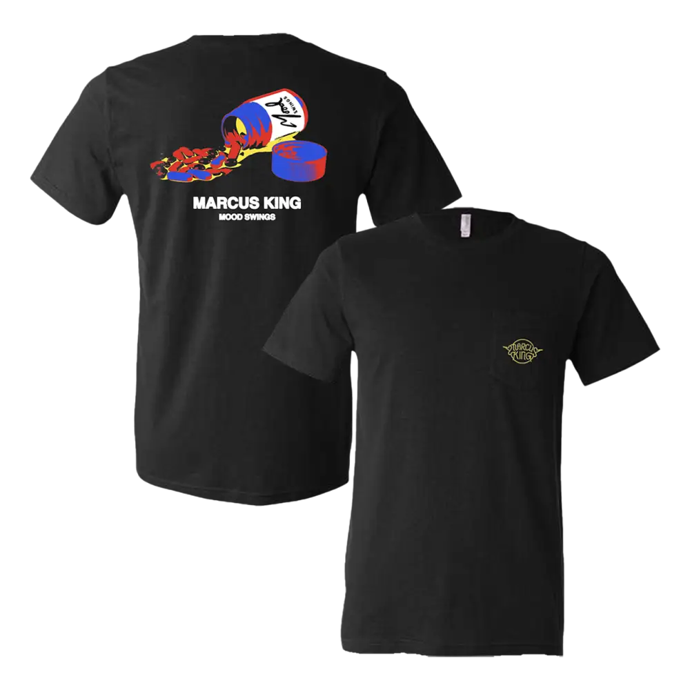 Black t-shirt with colorful graphic design on the back and small logo on the front.