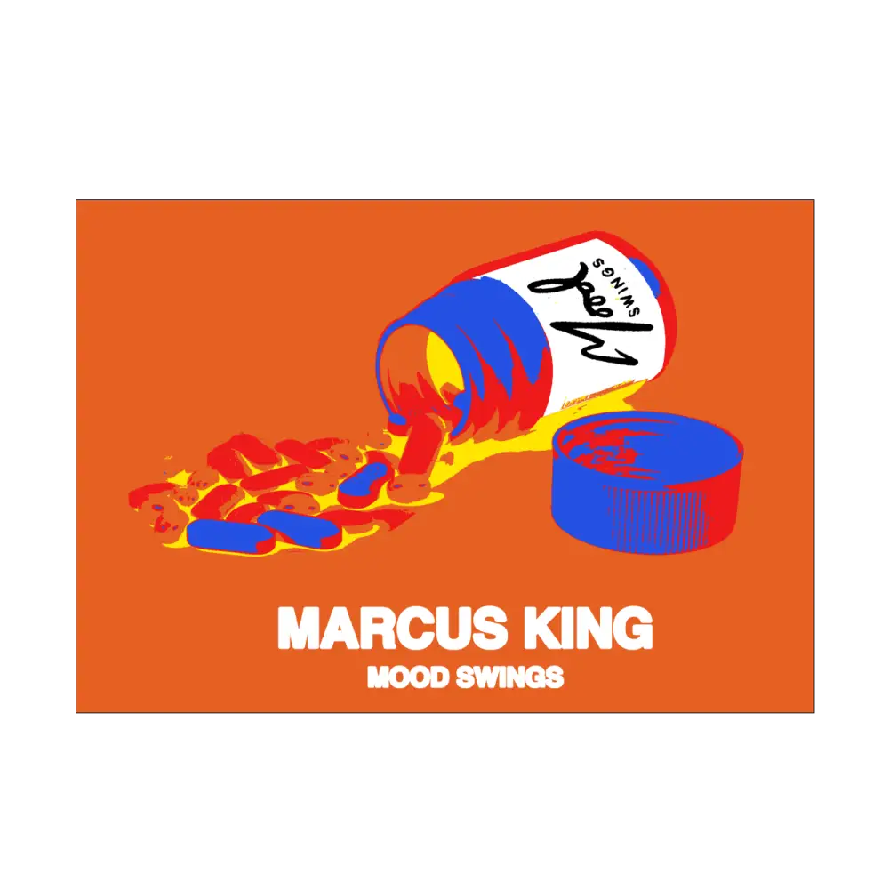 A vibrant orange album cover featuring a stylized illustration of an overturned blue and white pill bottle spilling red and blue capsules.