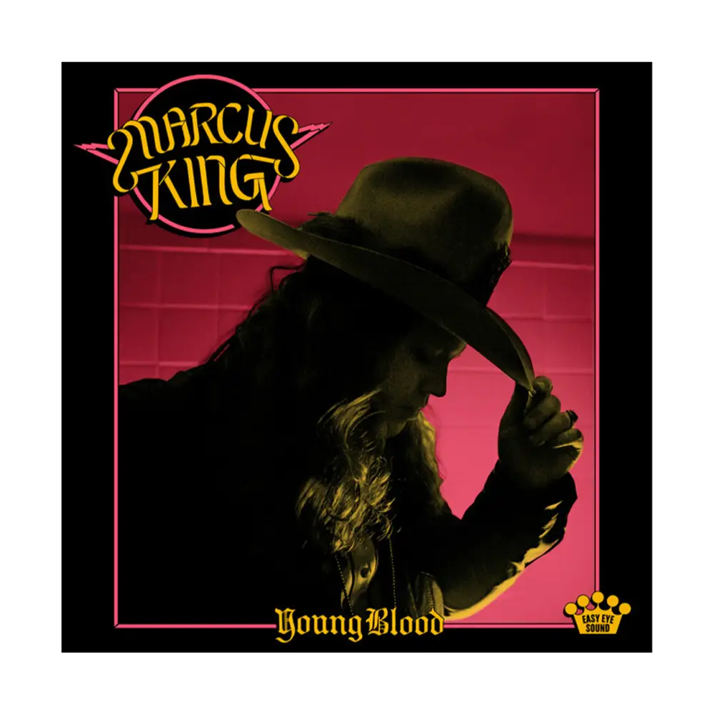 Album cover for ’Young Blood’ by Marcus King, featuring a silhouetted figure in a hat against a red background.