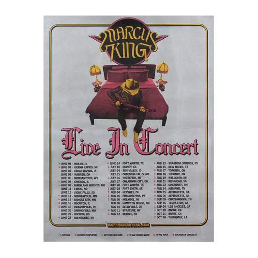 Concert tour poster for Marcus King featuring tour dates and a stylized image of a bed with a guitar.