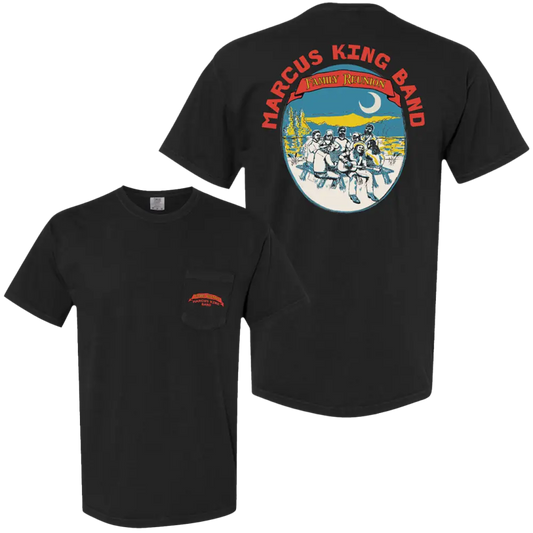 Black short-sleeved t-shirt featuring a colorful ’marcus king band’ graphic on the back with a family reunion scene and matching red logo on the front pocket.