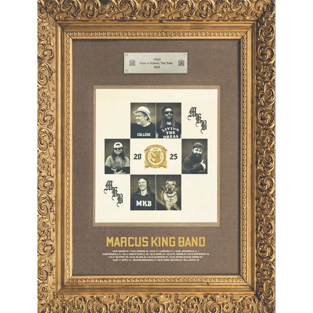 Elegant gold-framed commemorative poster featuring the marcus king band’s ’come to school: the tour’ 2025, showcasing black-and-white photos of band members and a central crest design.