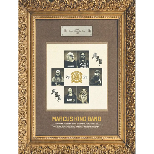 Elegant gold-framed commemorative poster featuring the marcus king band’s ’come to school: the tour’ 2025, showcasing black-and-white photos of band members and a central crest design.