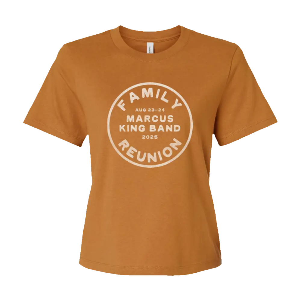 A mustard-yellow cotton t-shirt featuring a white circular graphic that reads ’family reunion’ with ’marcus king band 2025’’ and the dates ’aug 23-24’’.