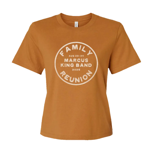 A mustard-yellow cotton t-shirt featuring a white circular graphic that reads ’family reunion’ with ’marcus king band 2025’’ and the dates ’aug 23-24’’.