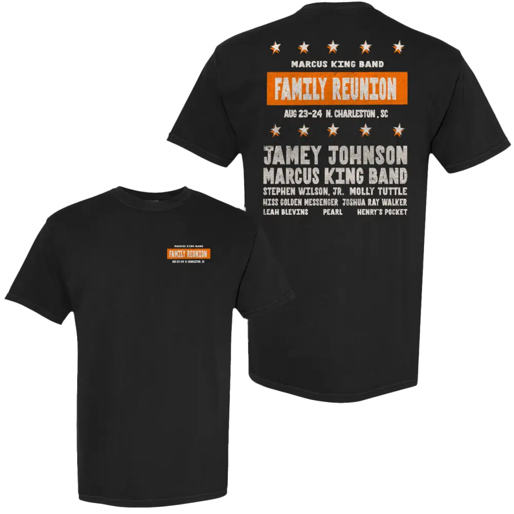 Black t-shirt with orange and white graphic design featuring the marcus king band family reunion tour information.